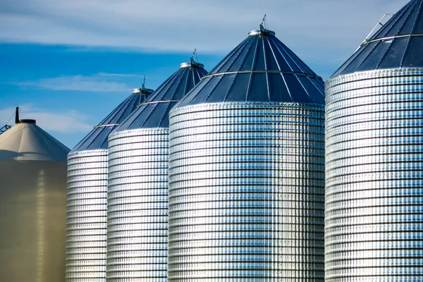 Large steel grain storage silos on farm — Stock Photo, Image