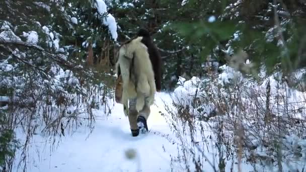 Rdzenny szaman wojownik w zimowym lesie — Wideo stockowe