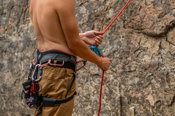 Traditional outdoor rock climbing gear — 스톡 사진