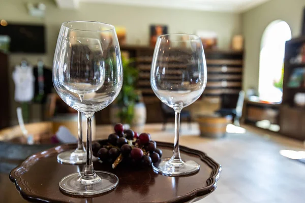 Vino vasos vacíos con uvas rojas negras — Foto de Stock