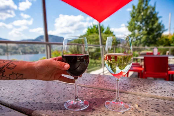 Rött vin och vita viner glas närbild — Stockfoto