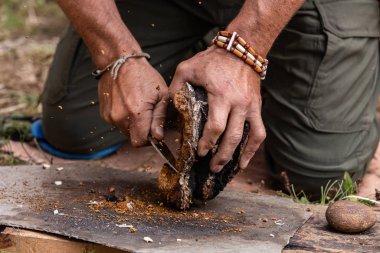 Hand using chaga mushroom to keep fire alive clipart