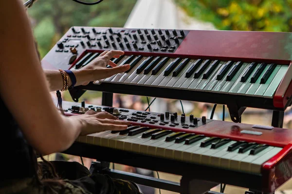 Tecladista de música en festival de tierra — Foto de Stock