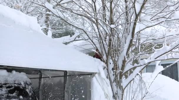 Man removes snow from canopy over car in a winter scene — Stock Video