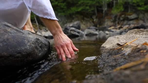 手を流れる川の水に触れる — ストック動画