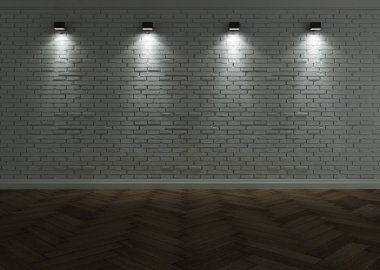 Beyaz tuğla duvar aydınlatma ile 