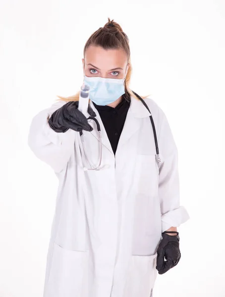 Young Doctor White Background Mask Inoculate Vacine — Stock Photo, Image
