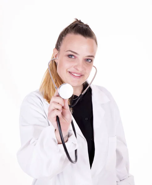 Young Medic Blue Eye White Background Look Camera — Stock Photo, Image