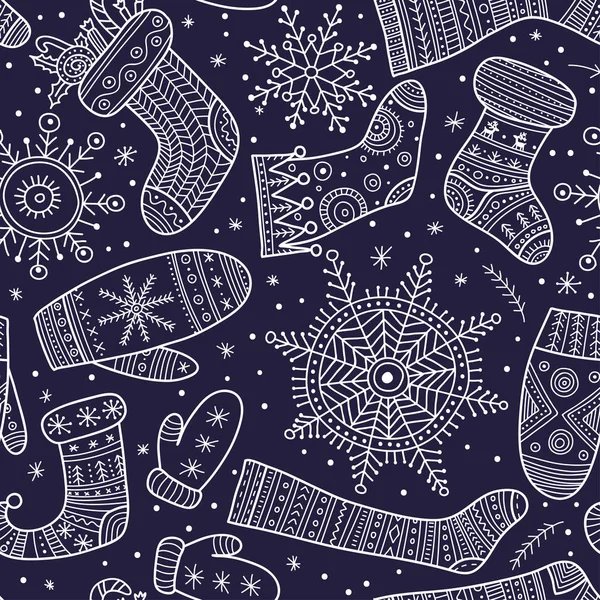 クリスマス自由奔放に生きる、雪片、靴下、ミトンのシームレスなパターン d — ストックベクタ