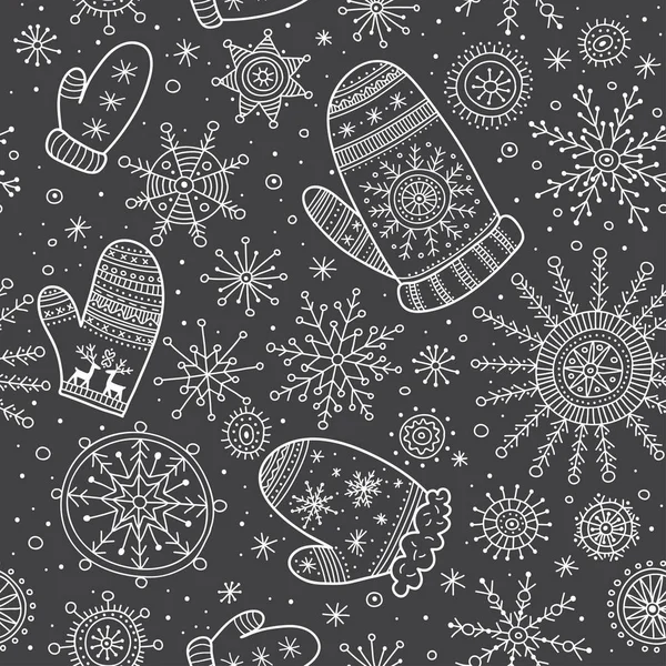 Christmas boho mittens with snowflakes seamless pattern on dark — Stock Vector