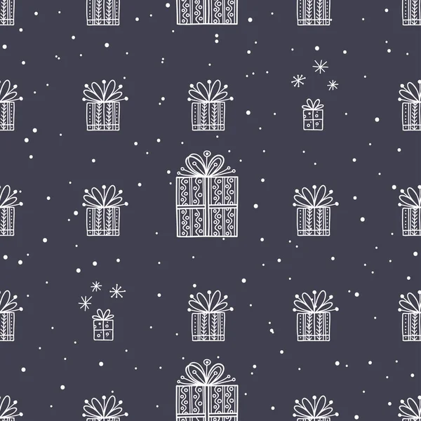 Cadeau et flocon de neige noël motif sans couture sombre — Image vectorielle