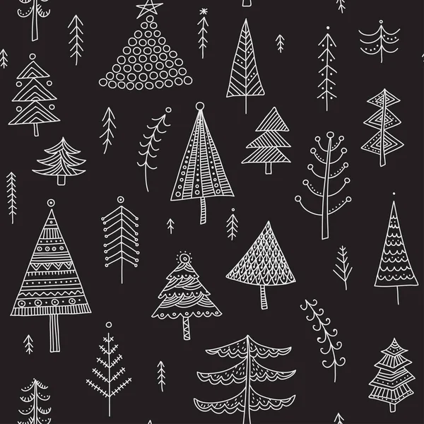 Árboles de Navidad decorados patrón sin costura oscuro — Vector de stock