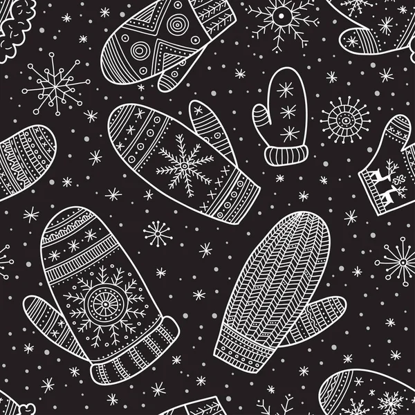 Christmas boho mittens seamless pattern on dark background — Stock Vector