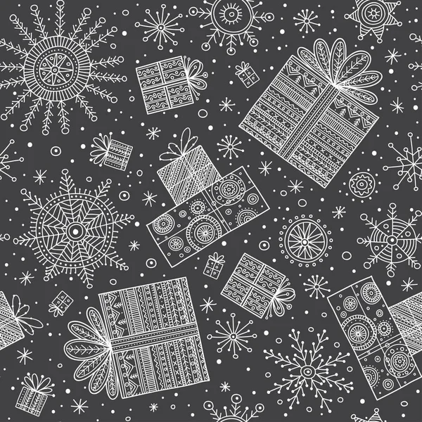 Cadeaux de Noël motif sans couture avec flocons de neige sombre — Image vectorielle
