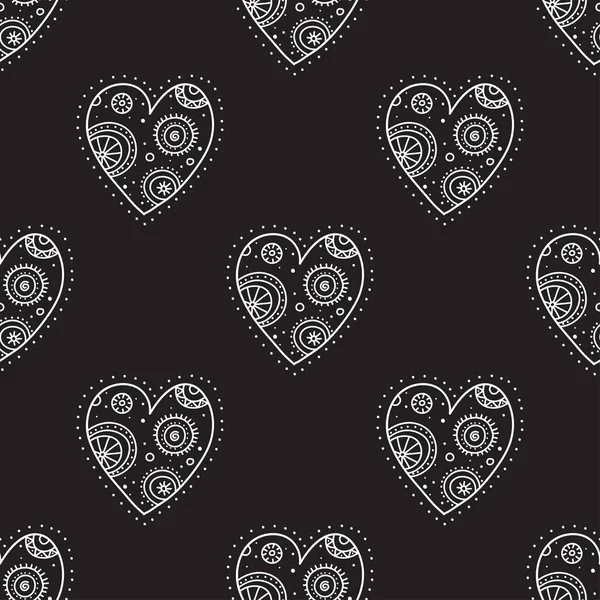Vita boho dekorativa hjärtan på svart bakgrund sömlös smattra — Stock vektor