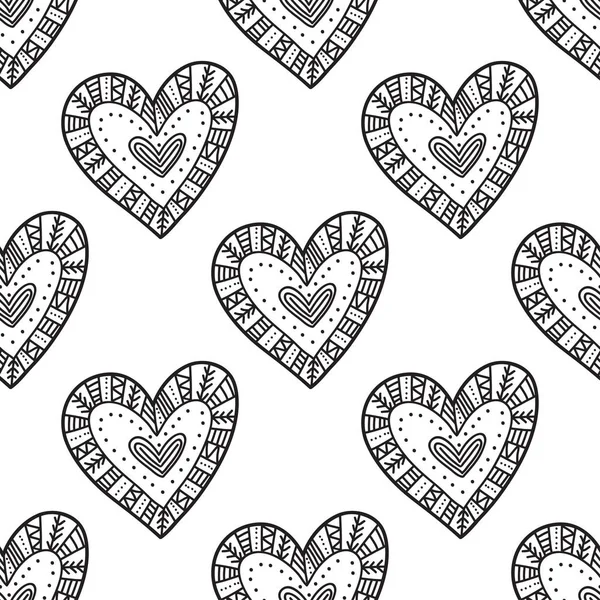 Black boho ornamental hearts seamless pattern — Stock Vector