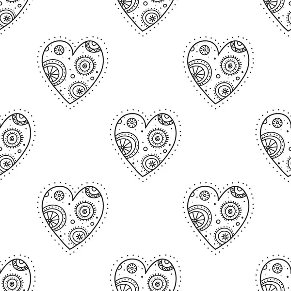 Black boho ornamental hearts seamless pattern — Stock Vector
