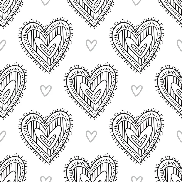 Black boho ornamental hearts seamless pattern — Stock Vector