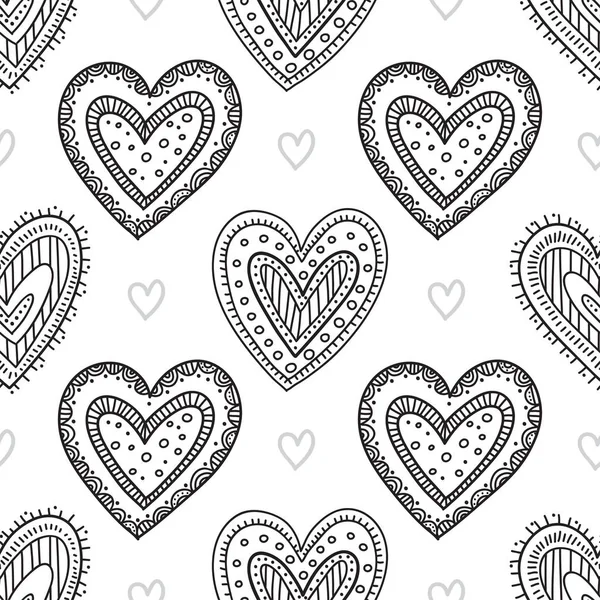 Black boho ornamental hearts seamless pattern — Stock Vector