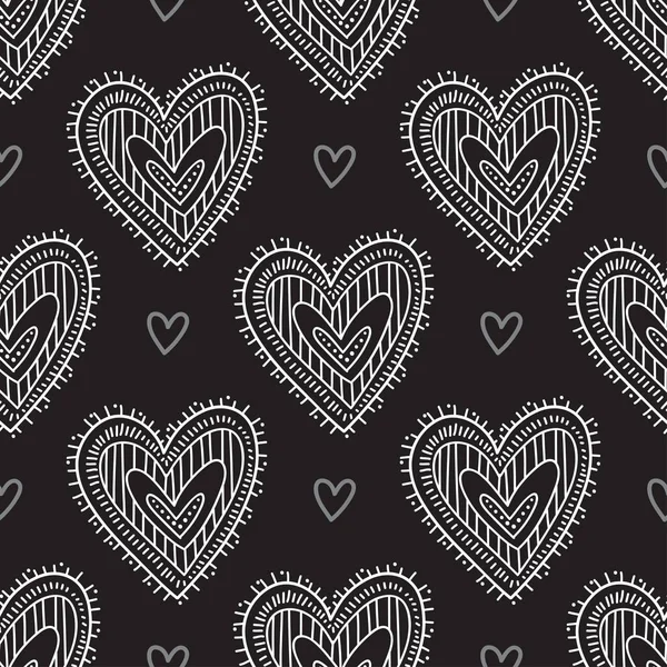 Corazones ornamentales boho blanco sobre fondo negro sin costuras — Vector de stock