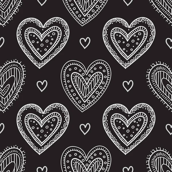 Corazones ornamentales boho blanco sobre fondo negro sin costuras — Vector de stock