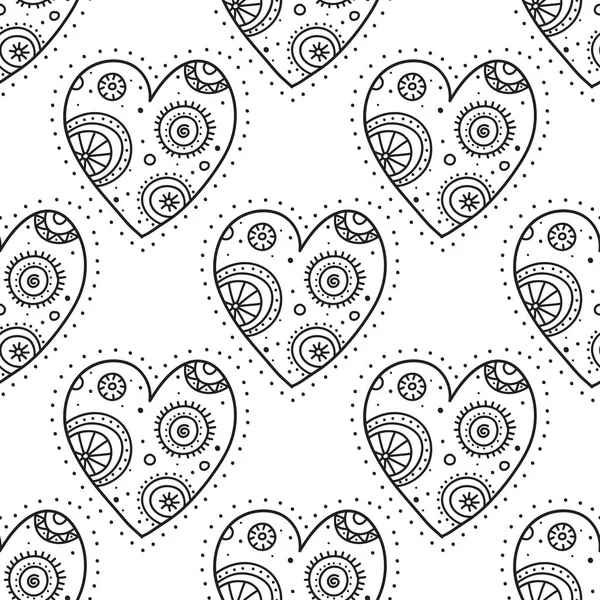 Black boho ornamental hearts seamless pattern — Stock Vector