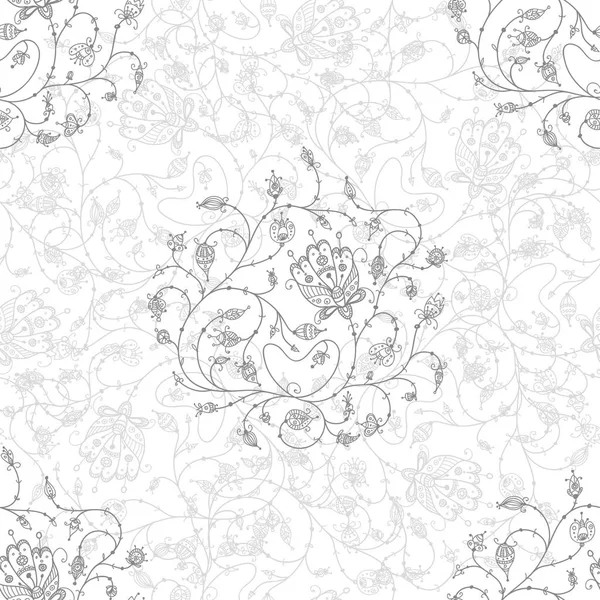 Flores adornadas patrón sin costura gris — Vector de stock