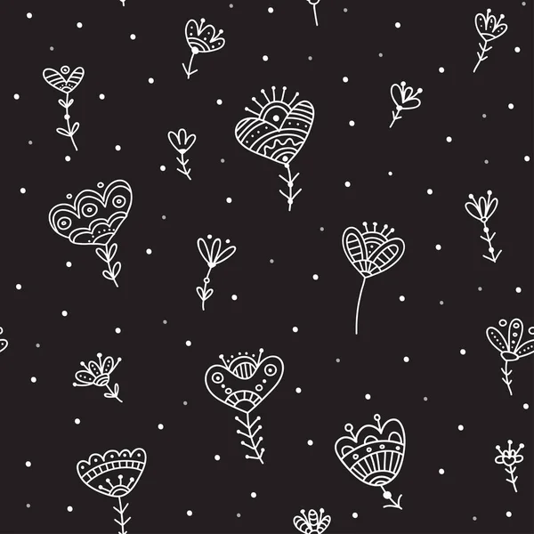 Motif sans couture avec des fleurs ethniques noir minimal — Image vectorielle