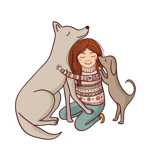 Векторная девушка с собаками
.