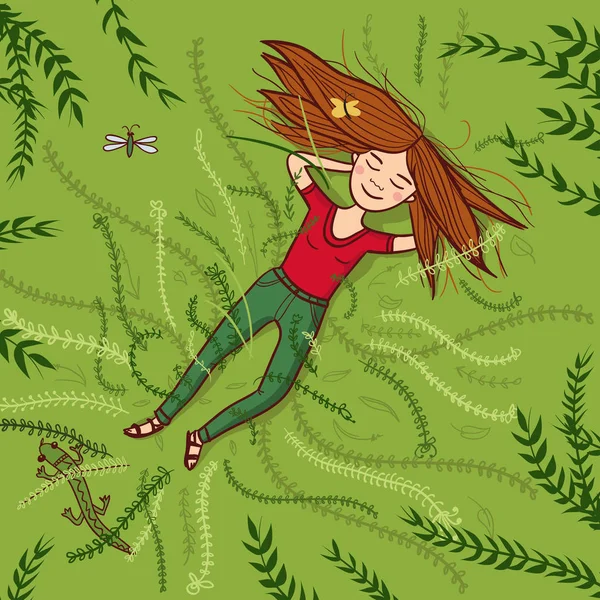 Fille couchée sur l'herbe illustration d'été — Image vectorielle