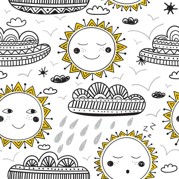 Lindo sol y nubes infantil patrón sin costura negro y amarillo — Vector de stock