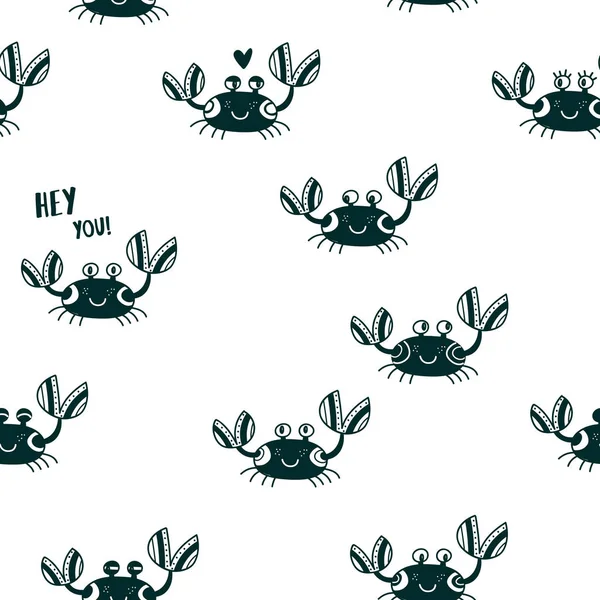 Cute emotional crabs seamless pattern black — Stock Vector