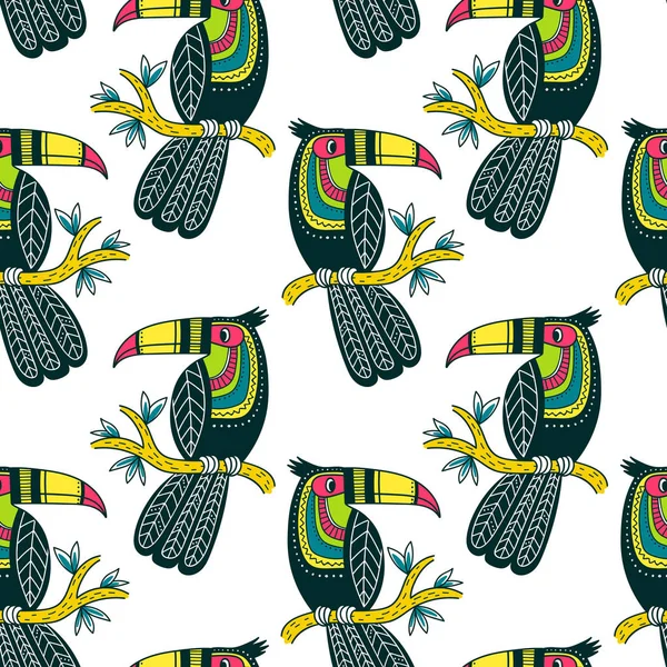 Vettore modello senza soluzione di continuità di carino toucan colorato in stile boho — Vettoriale Stock