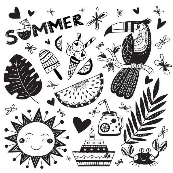 Summer time set in ethnic tropical style and word summer in blac — Stock Vector