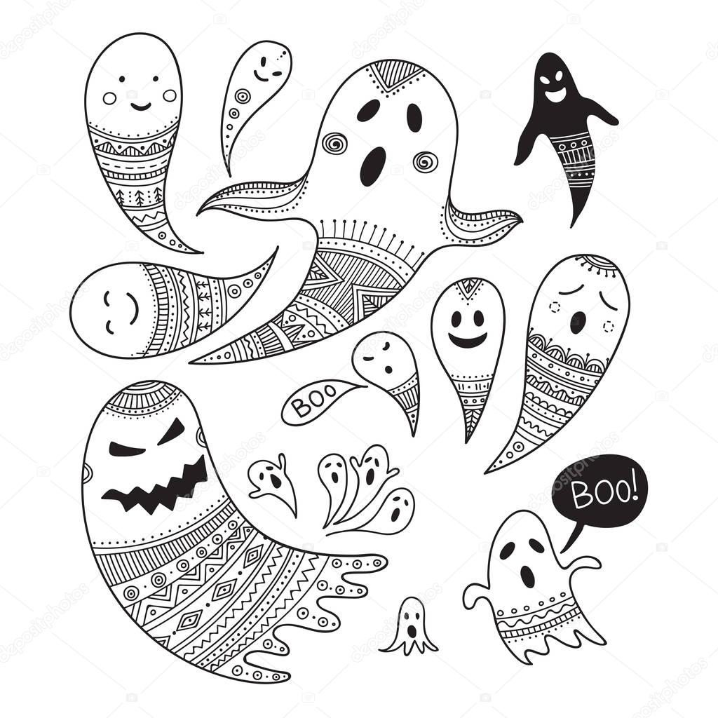 Lovely Halloween concept childish set with ghosts for coloring
