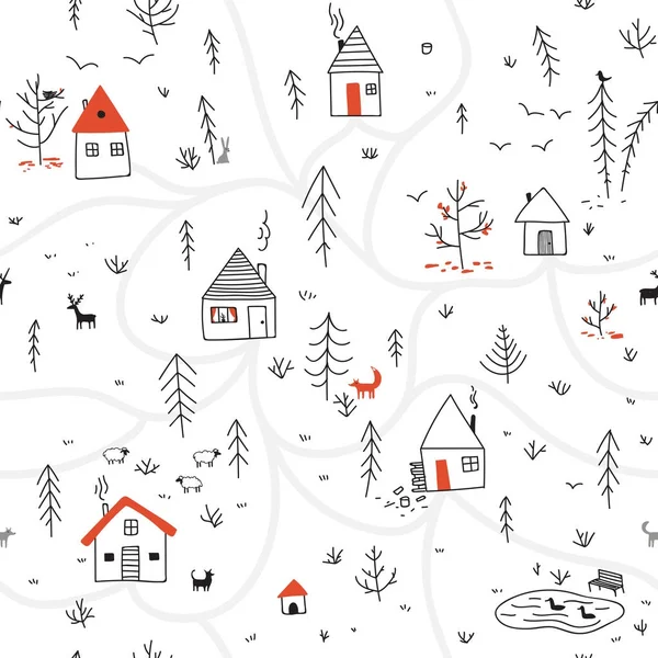 겨울 숲 원활한 패턴 동물과 빨간색 공동 주택 — 스톡 벡터