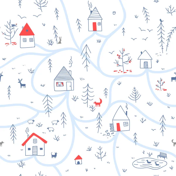 Дома в зимнем лесу бесшовный узор с животными голубого цвета — стоковый вектор