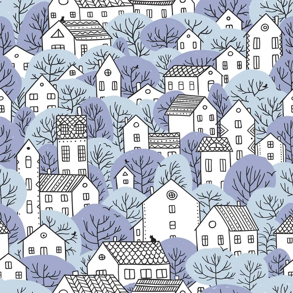 Bomen en huizen naadloze patroon winter licht blauwe kleuren — Stockvector