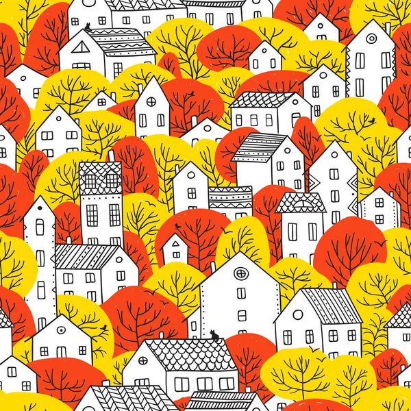 Árboles y casas patrón sin costura otoño rojo amarillo colores — Archivo Imágenes Vectoriales