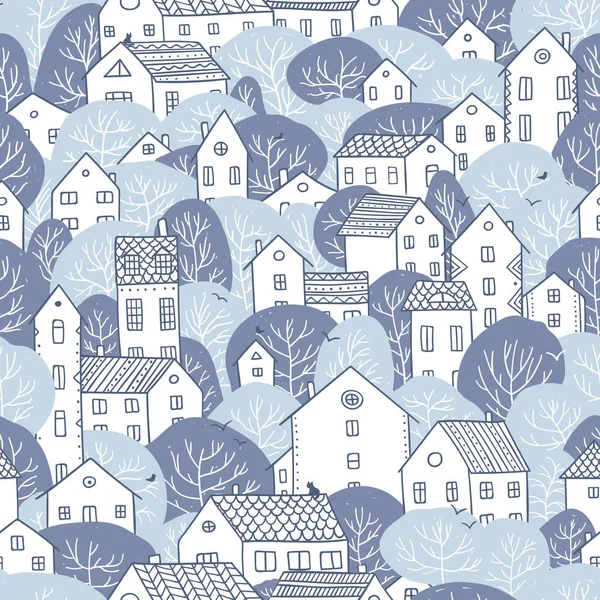 Arbres et maisons motif sans couture hiver couleurs bleu clair — Image vectorielle
