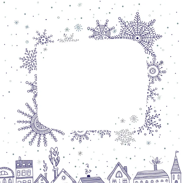 Merry Christmas frame for text with houses in snowy city — Stock Vector