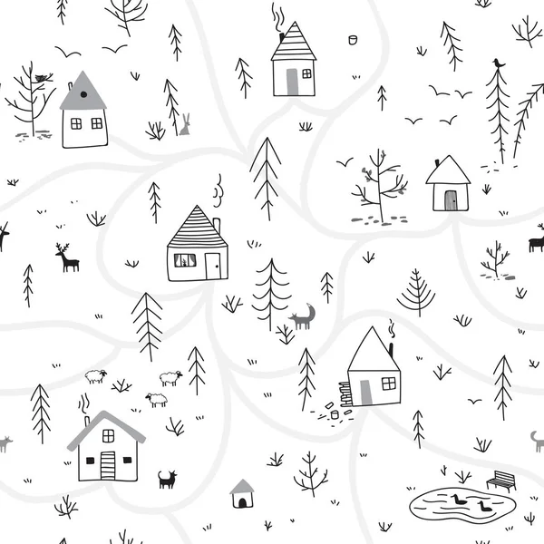 Дома в зимнем лесу бесшовный узор с животными серого цвета — стоковый вектор