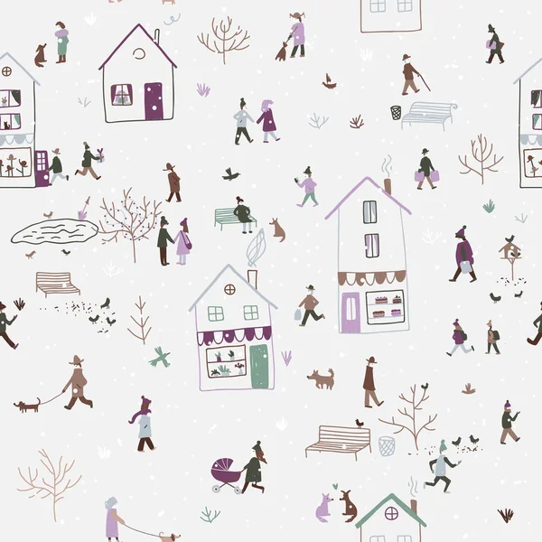 İnsanlar şehirde yürüyüş ile kış seamless modeli — Stok Vektör