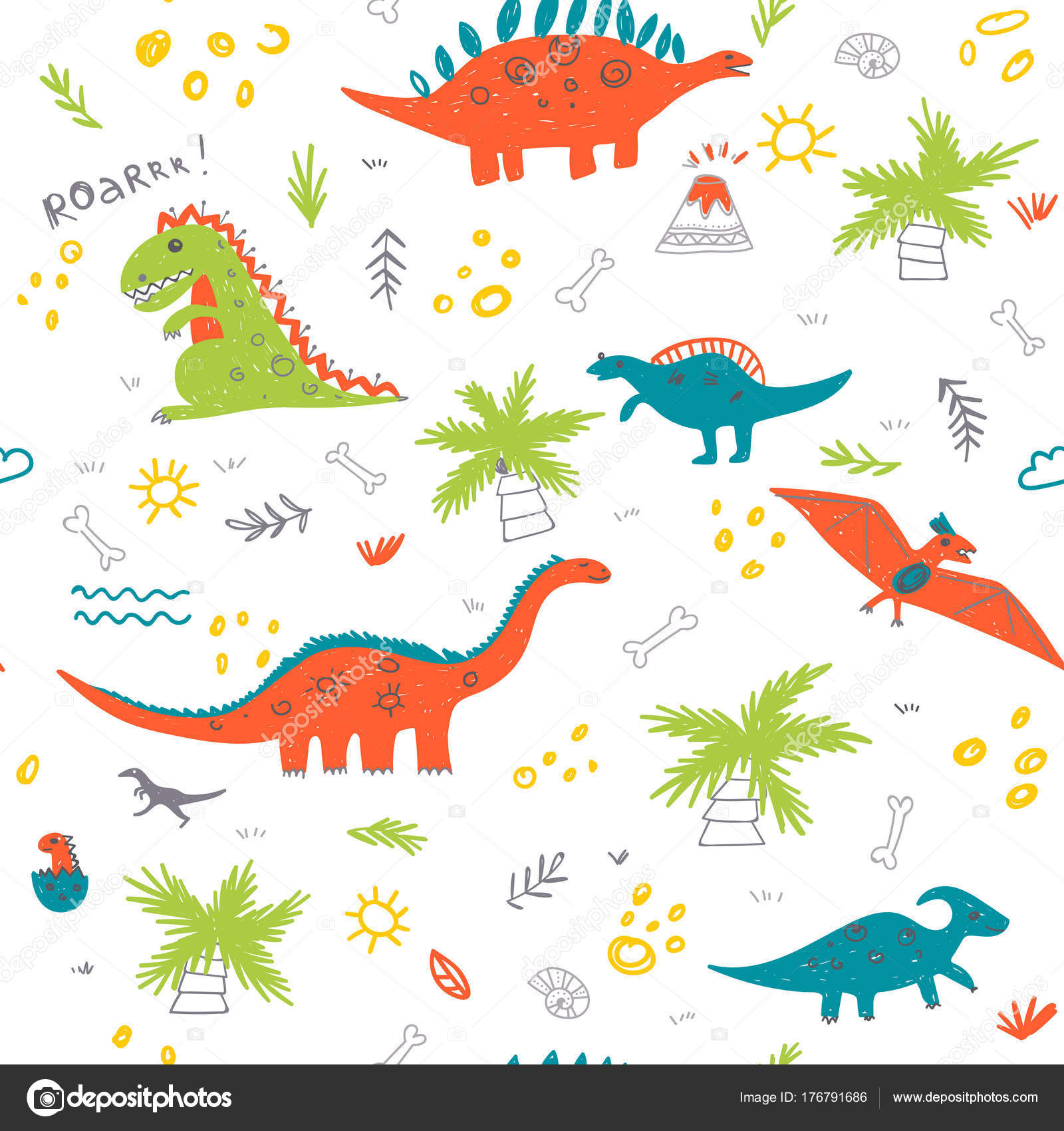 Papel de Parede Infantil Desenhos Dinossauros Fofos Colorido