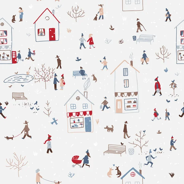 İnsanlar şehirde yürüyüş ile kış seamless modeli — Stok Vektör