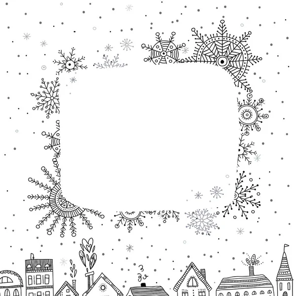 Feliz Navidad marco para texto con casas en la ciudad nevada — Vector de stock