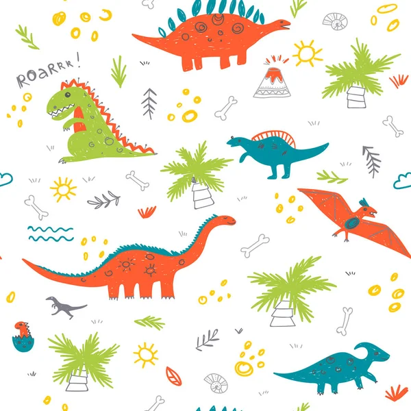 Vector seamless childish pattern with colorful dinosaurs — Stock Vector