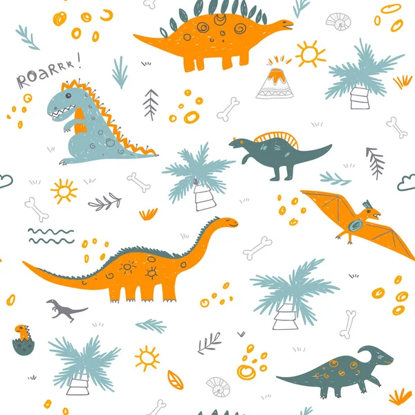 Modèle enfantin sans couture vectoriel avec des dinosaures colorés — Image vectorielle