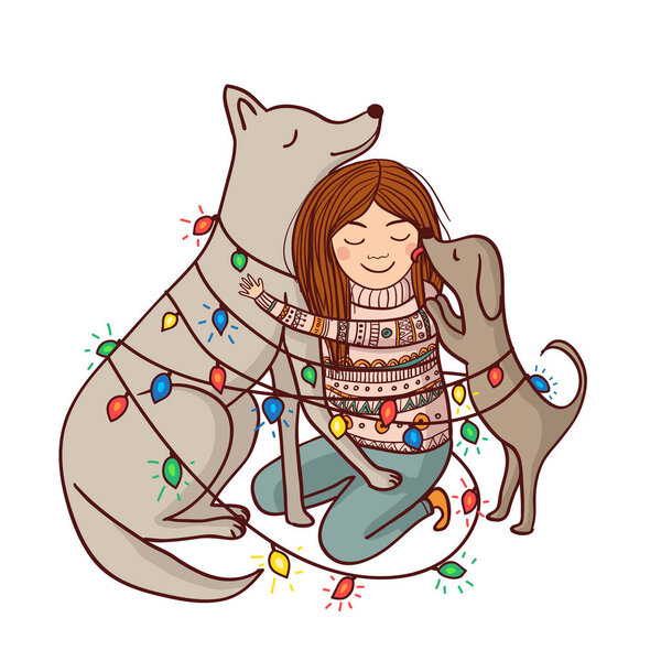 Векторная иллюстрация с девочками, собаками и гирляндами
