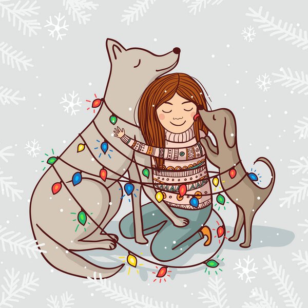 Векторная новогодняя открытка с девушкой и собаками
 